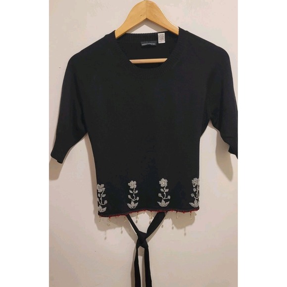 Moda International Knit Sweater Women's Large Silk‎ Beaded Tie Back Cutout Black - Picture 1 of 6